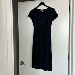 LOFT Navy Button Down Midi Dress with Attached Belt